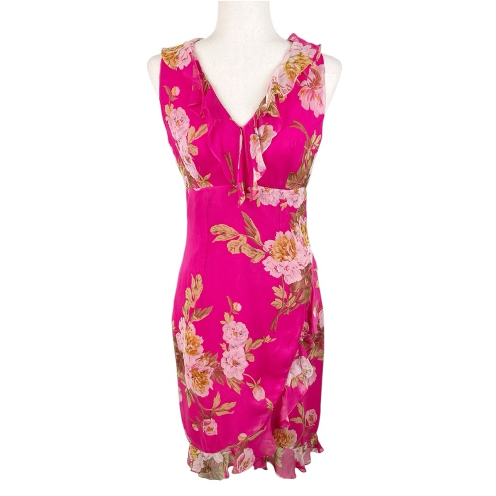 Vintage Y2K Chetta B. Evening Silk Pink Floral Ruffle Hem Dress Size 2 Fairycore